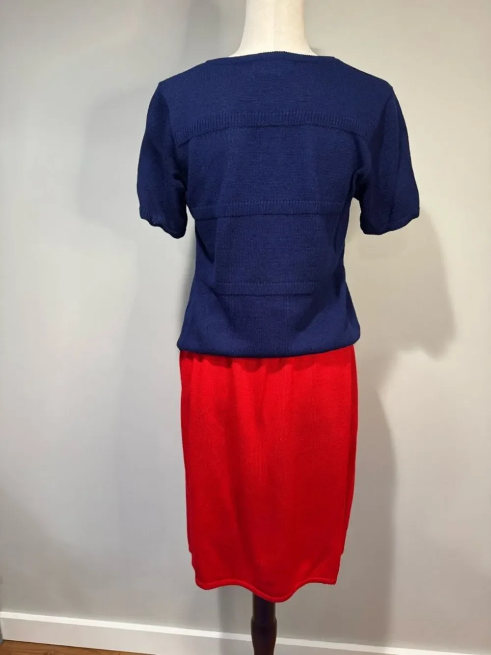 San Remo Vintage Knit Skirt Set Red Navy Striped Cardigan & Shell Petite S/M